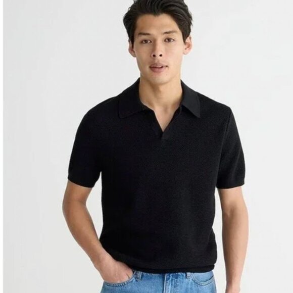 J Crew Short Sleeve Cotton Mesh Stitch Johnny Collar Sweater Polo Shirt Black - Picture 1 of 9